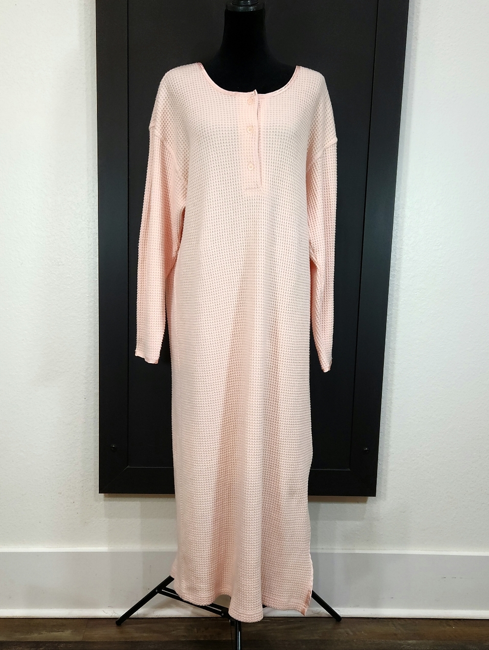 VTG Victoria's Secret Pink Waffle Knit Thermal Maxi Nightgown Side Slit Medium